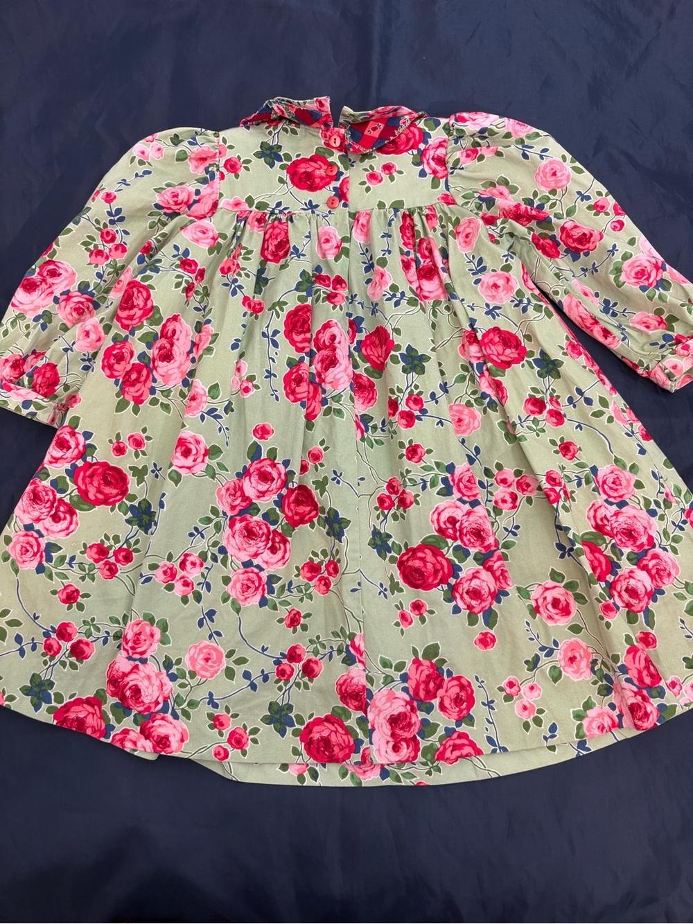 Vintage Mousefeathers Girls Green Floral Long-Sleeve Dress with Pink Rose Print - Picture 2 of 10